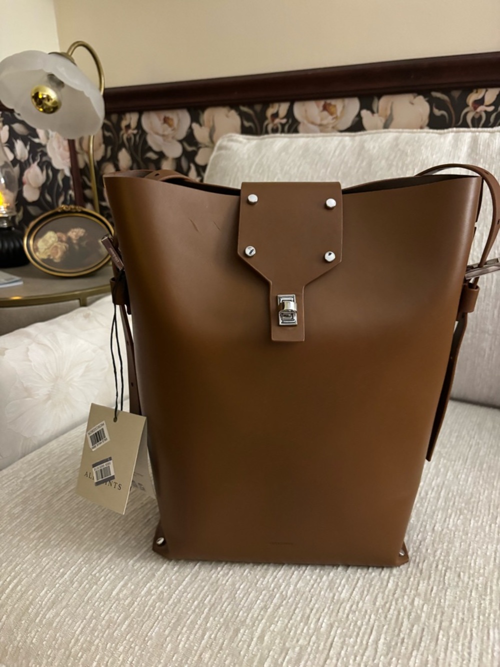AllSaints Miro Leather Shoulder Bag Brown Bucket Bag Turnlock NWT